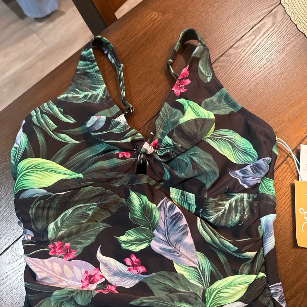 Kona Sol Tropical Print One Piece Swimsuit - Black and Green